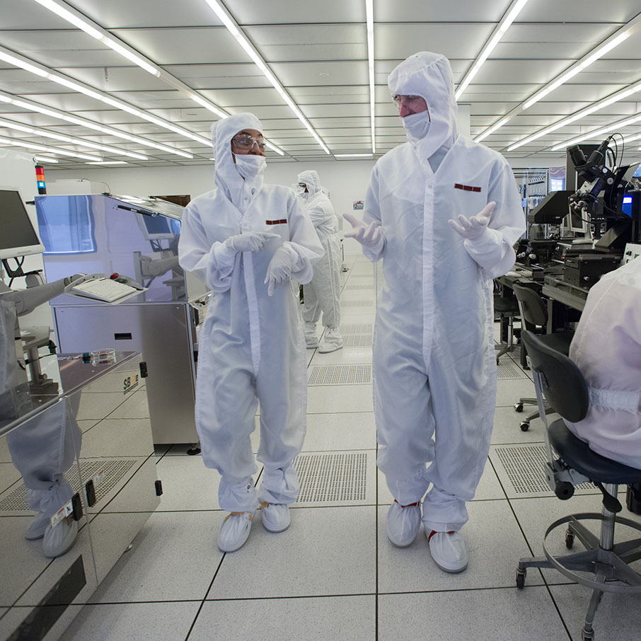 Two researchers working in the cleanroom at Georgia Tech