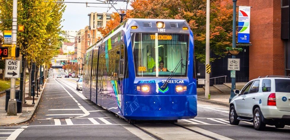 A streetcar navigates through downtown Atlanta.